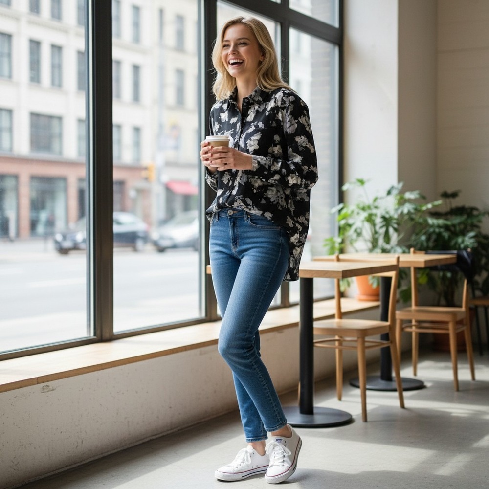 Allison Joy Womens Small Black Floral Long Sleeve Button Down Blouse Pocket Top